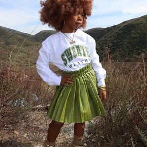 Green Pleated Skirt with White LS Top